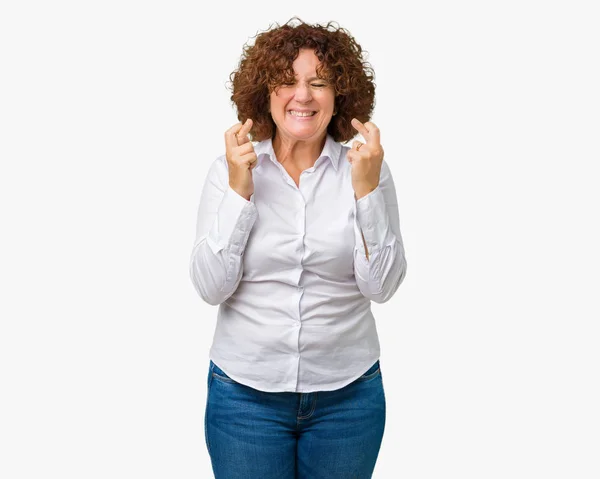 Hermosa Mujer Negocios Senior Ager Medio Sobre Fondo Aislado Sonriendo — Foto de Stock