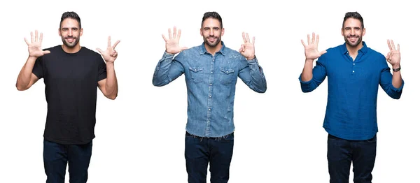 Colagem Homem Bonito Sobre Fundo Isolado Branco Mostrando Apontando Para — Fotografia de Stock