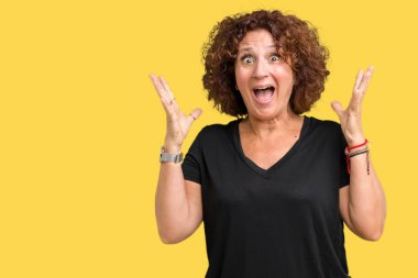 Güzel orta ager üst düzey kadın deli kutluyor arka plan izole ve başarı için kaldırdı kollarını açarak hayrete ve heyecanlı çığlık gözleri açık. Kazanan kavramı