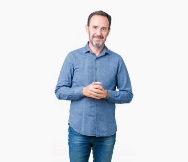 Yakışıklı orta yaş üzerinde zarif komuta sizde birlikte arka plan eller izole ve parmakları rahat ve neşeli gülümseyen geçti. Başarı ve iyimser