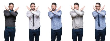 Beyaz izole arka plan Reddi ifade geçen kollar üzerinde yakışıklı iş adamı Kolaj olumsuz işaret yapıyor, kızgın yüz