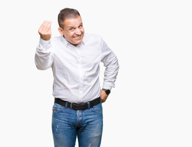 Orta yaş Arap zarif adam izole arka yapıyor İtalyan el ve parmak emin ifadeyle jest