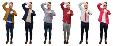 Yakışıklı genç iş adamı farklı giyen kolaj elle yapma çerçeve ve parmakları ile mutlu yüz gülümseyen beyaz izole arka plan üzerinde görünüyor. Yaratıcılık ve Fotoğrafçılık kavramı.