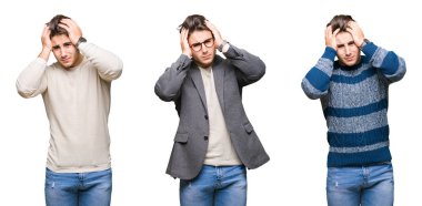 Genç yakışıklı iş adamı izole arka plan çünkü umutsuz ve stresli baş ağrısı acı üzerinden kolaj ağrı ve migren. Ellerini kafasına.