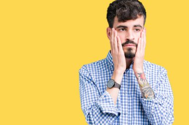 Genç yakışıklı iş adamı izole arka yüz, depresyon ve üzüntü, kapsayan bıktınız eller üzerinde üzgün ve sorun için tahriş