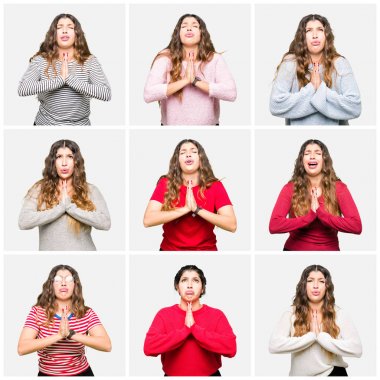 Beyaz izole arka plan üzerinde farklı görünüyor giyen güzel genç kadın kolaj yalvarıyor ve yüz üzerinde umut ifade ile birlikte eller ile dua çok duygusal ve endişeli. Affedilmesini istiyorum. Din konsepti.