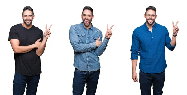 Colagem Homem Bonito Sobre Fundo Isolado Branco Sorrindo Com Rosto — Fotografia de Stock