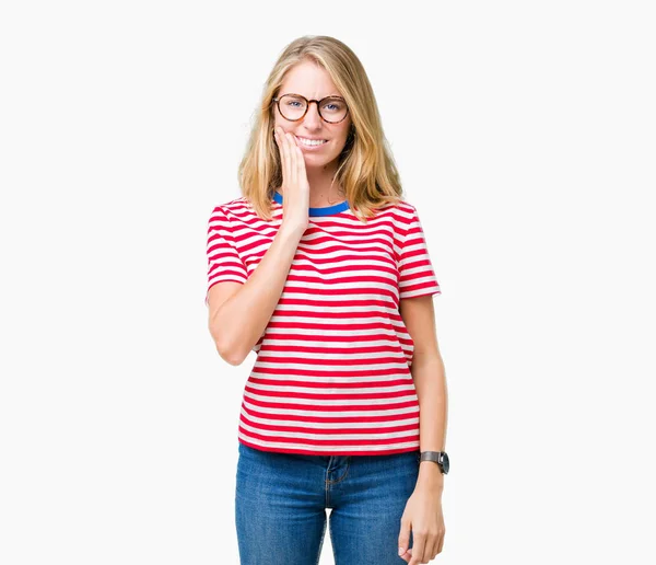 Beautiful Young Woman Wearing Glasses Isolated Background Touching Mouth Hand — Stock Photo, Image