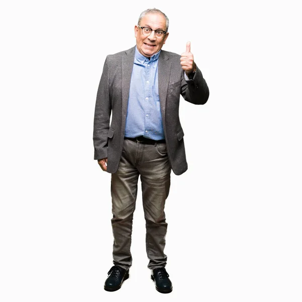 Handsome Senior Businesss Man Wearing Glasses Doing Happy Thumbs Gesture — Stock Photo, Image