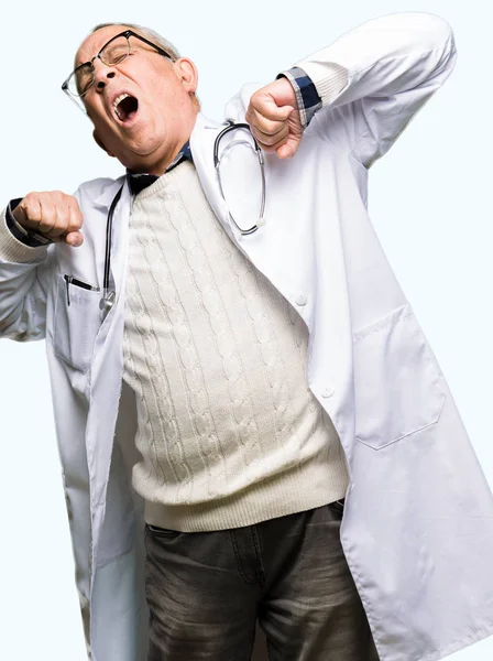 Handsome Senior Doctor Man Wearing Medical Coat Stretching Back Tired — Stock Photo, Image