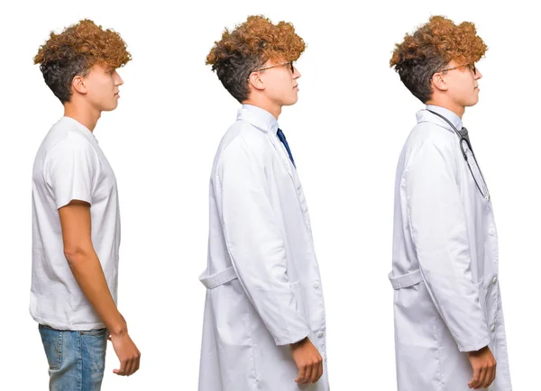 Collage Unga Läkare Man Bär Medicinsk Päls Över Isolerade Vit — Stockfoto