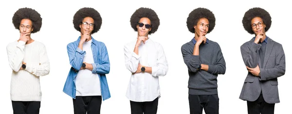 Koláž Mladého Muže Afro Vlasy Bílé Izolované Pozadí Rukou Bradě — Stock fotografie