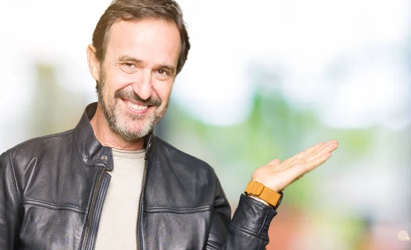 Middle Age Handsome Man Wearing Black Leather Jacket Smiling Cheerful — Stock Photo, Image