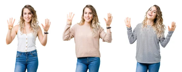 Colagem Jovem Linda Menina Loira Sobre Fundo Isolado Mostrando Apontando — Fotografia de Stock