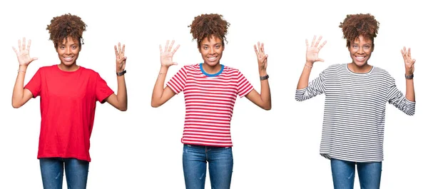 Collage Van Jonge Mooie Afrikaanse Meisje Geïsoleerde Achtergrond Weergeven Met — Stockfoto