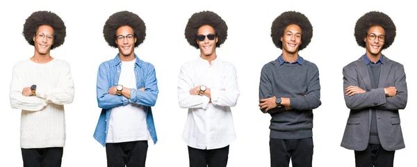 Collage Eines Jungen Mannes Mit Afrohaaren Vor Weißem Hintergrund Fröhlichem — Stockfoto