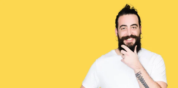 Young Hipster Man Long Hair Beard Wearing Casual White Shirt — Stock Photo, Image