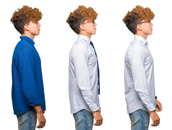 Collage Young Bussines Man Curly Hair Wearing Glasses Isolated White — ストック写真