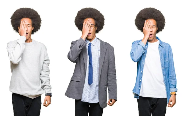 Collage Giovane Uomo Con Capelli Afro Sfondo Bianco Isolato Sbadigliare — Foto Stock