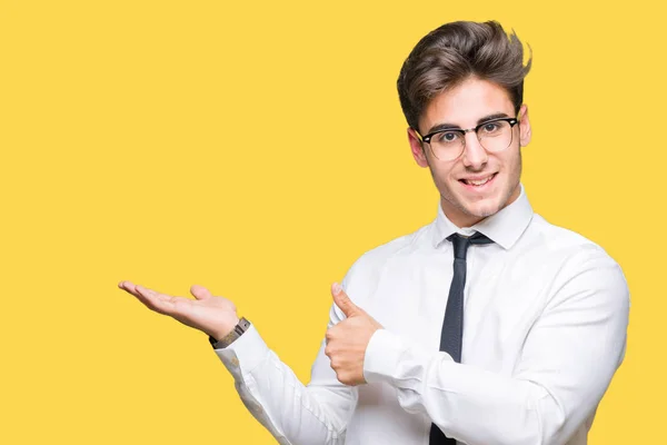 Young Business Man Wearing Glasses Isolated Background Showing Palm Hand — Stock Photo, Image