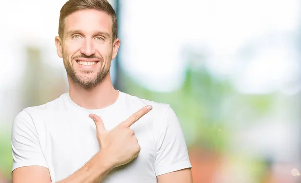 Handsome Man Wearing Casual White Shirt Cheerful Smile Face Pointing — Stock Photo, Image