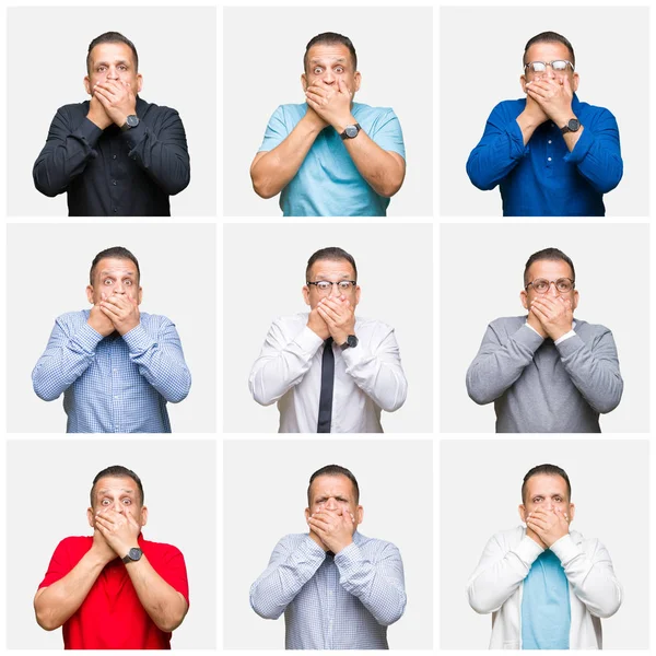 Composition Middle Age Arab Man Isolated Background Shocked Covering Mouth — Stock Photo, Image