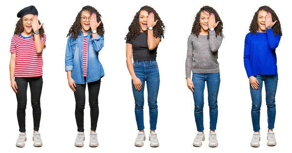 Koláž Krásné Mladé Ženy Kudrnatými Vlasy Bílém Izolovaném Pozadí Zakrývající — Stock fotografie