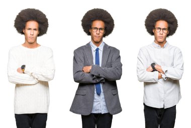 Beyaz izole arka plan üzerinde afro saç ile genç adam kolaj şüpheci ve sinir, kesişmiş kollar ile yüz üzerinde ifade onaylamıyor. Negatif kişi.