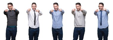 Beyaz izole arka plan üzerinde yakışıklı iş adamı Kolaj size ve parmakları ile kamera işaret, olumlu ve neşeli gülümseyen