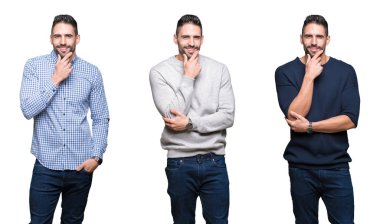 Kolaj yakışıklı iş adamı üzerinde beyaz bir arka plan emin çapraz kollar ve çeneme kaldırdı el ile gülümseme ile kameraya bakarak izole. Pozitif düşünce.