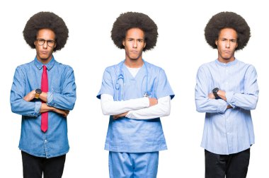 Beyaz izole arka plan üzerinde afro saç ile genç adam kolaj şüpheci ve sinir, kesişmiş kollar ile yüz üzerinde ifade onaylamıyor. Negatif kişi.
