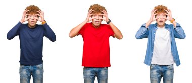 İzole beyaz arka planda farklı görünüyor giyen genç adam kolaj parmaklar, Uykulu ve sabah yorgunluk için yorgun gözleri açmaya çalışıyorum