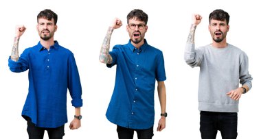 Izole arka plan kızgın ve deli yükselterek yumruk sinirli ve öfkeli üzerinde genç adamın kolaj öfke ile bağırarak. Öfke ve agresif kavram.