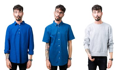 İzole arka plan üzerinde genç adam kolaj dudaklar, çılgın ve komik jest ile balık yüz yapma. Komik ifade.