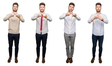 Beyaz izole arka plan Reddi ifade geçiş parmakları üzerinde yakışıklı genç iş adamı Kolaj negatif işaret yapıyor