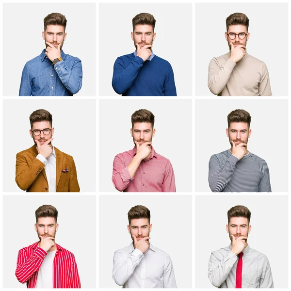 Collage of handsome young business man wearing different looks over white isolated background looking confident at the camera with smile with crossed arms and hand raised on chin. Thinking positive.
