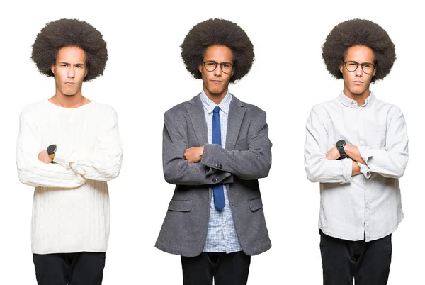 Collage Giovanotto Con Capelli Afro Sfondo Bianco Isolato Scettico Nervoso — Foto Stock