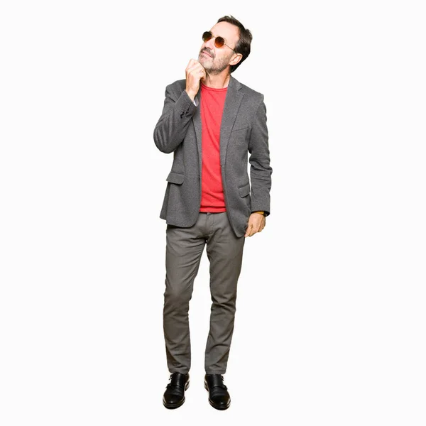 Middle Age Handsome Business Man Wearing Sunglasses Hand Chin Thinking — Stock Photo, Image