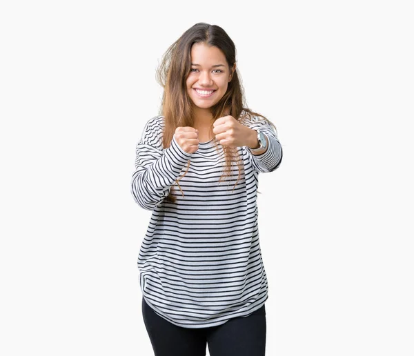 줄무늬 스웨터 제스처 문제의 두려워 준비가 — 스톡 사진