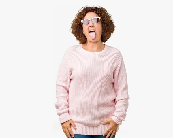 Bella Donna Anziana Mezza Età Che Indossa Maglione Rosa Occhiali — Foto Stock