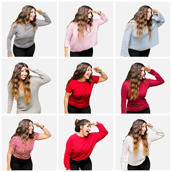 Collage of beautiful young woman wearing different looks over white isolated background very happy and smiling looking far away with hand over head. Searching concept.