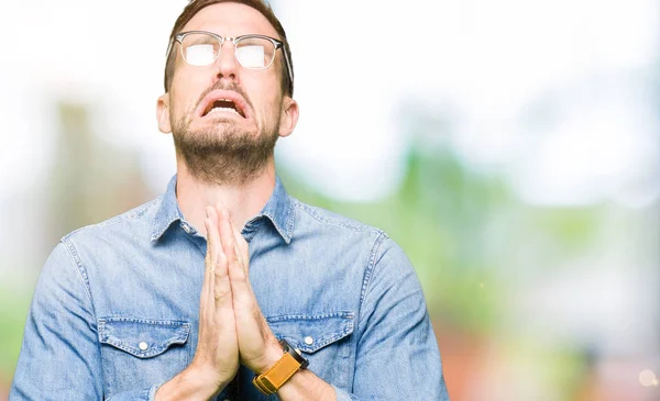 Handsome Man Wearing Glasses Begging Praying Hands Together Hope Expression — Stock Photo, Image