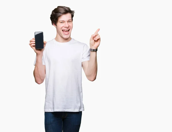 Young Man Showing Smartphone Screen Isolated Background Very Happy Pointing — Stock Photo, Image