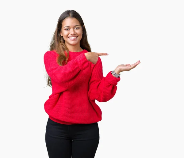 Joven Hermosa Mujer Morena Vistiendo Suéter Rojo Invierno Sobre Fondo — Foto de Stock