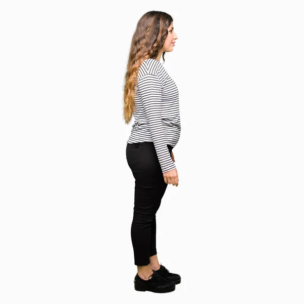 Young Beautiful Woman Wearing Stripes Sweater Looking Side Relax Profile — Stock Photo, Image