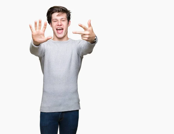 Jovem Homem Bonito Vestindo Camisola Inverno Sobre Fundo Isolado Mostrando — Fotografia de Stock