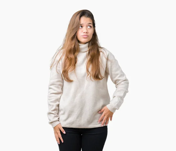 Young Beautiful Brunette Woman Wearing Turtleneck Sweater Isolated Background Making — Stock Photo, Image