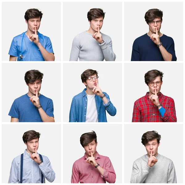 Collage Hombre Joven Sobre Fondo Blanco Aislado Pidiendo Estar Tranquilo —  Fotos de Stock