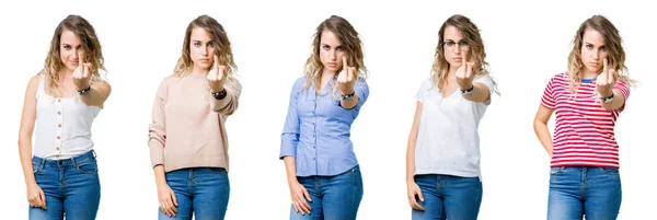 Collage Young Beautiful Blonde Girl Isolated Background Showing Middle Finger — Stock Photo, Image