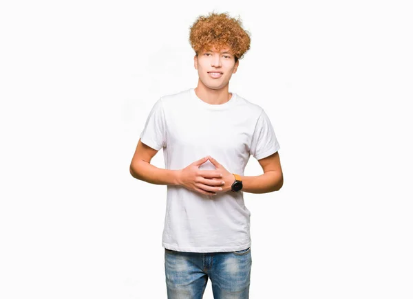 Young Handsome Man Afro Hair Wearing Casual White Shirt Hands — Stock Photo, Image